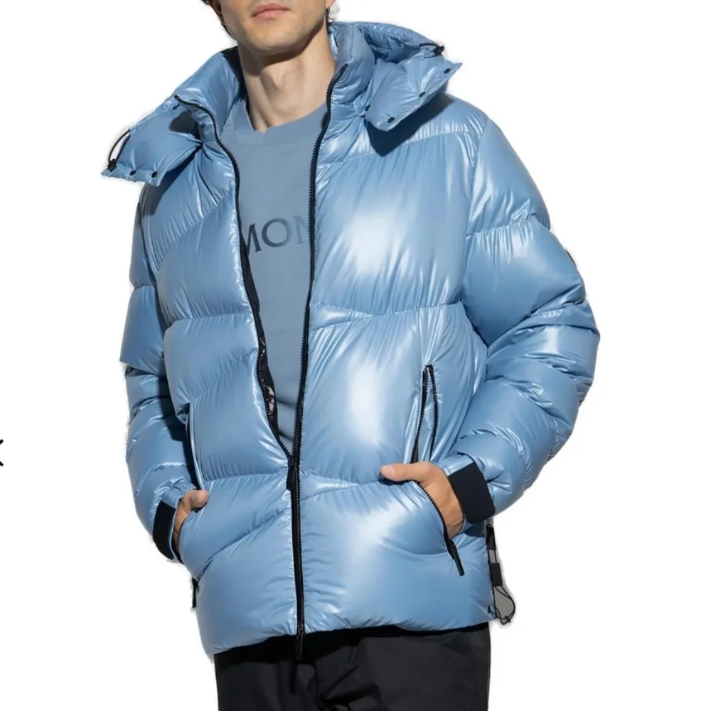 NWT$1,860 MONCLER Yonne Zigzag Channeled Blue Down Puffer Jacket Coat Sz 4 (XL) - Picture 1 of 16